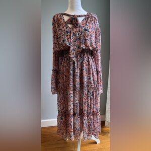 REVOLVE Misa Los Angeles Leeva Floral Bell Sleeve Ruffle Tiered Midi Dress Sz. S